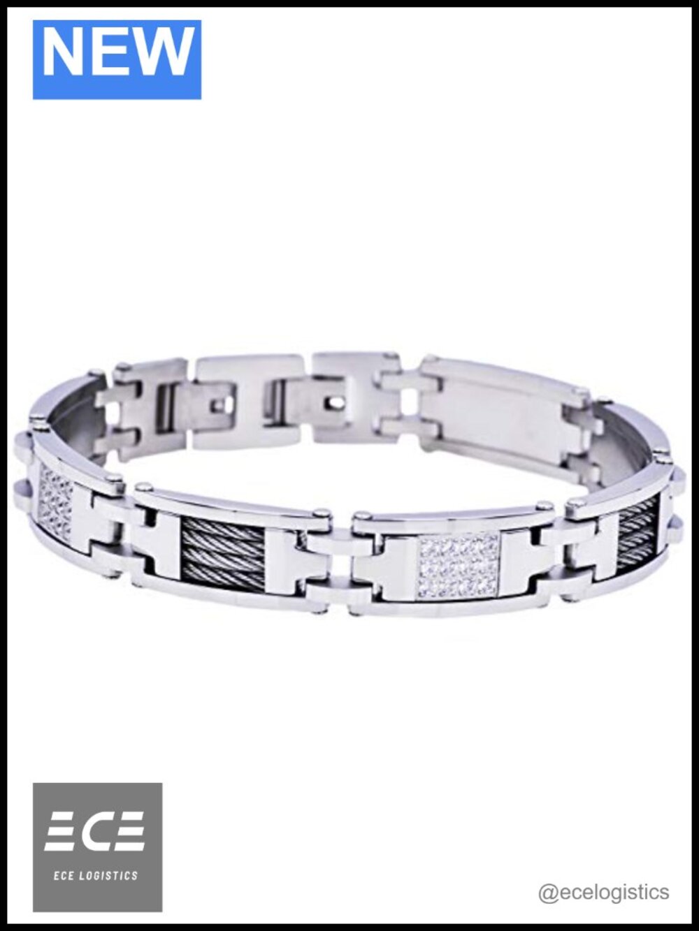 Men's 316 Stainless Steel CZ Cable Link Bracelet 8.5in with Pouch